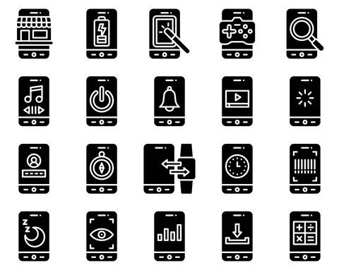 Mobile application vector icon set 3, solid stye Stock Illustration