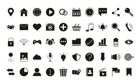 Mobile application web button menu digital silhouette style icons set Illustrazione stock