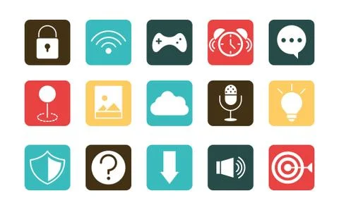 Mobile application wifi game clock sms support, web button menu digital flat Stock Illustration