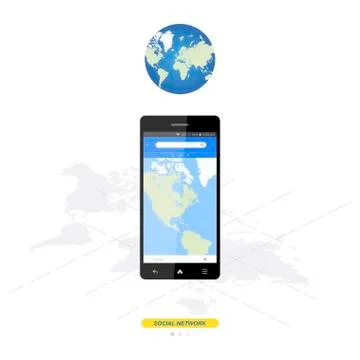 Mobile application with world map for navigation in smartphone. Flat vector i Stock Illustration