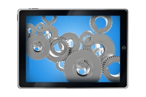 Mobile applications concept. tablet computer with cog wheels 3d render illust Stock Illustration