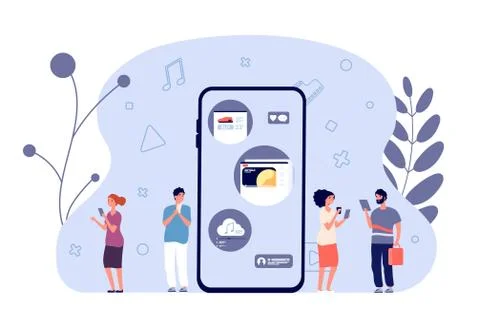 Mobile applications. M-commerce, online business and entertainment. People use Illustrazione stock