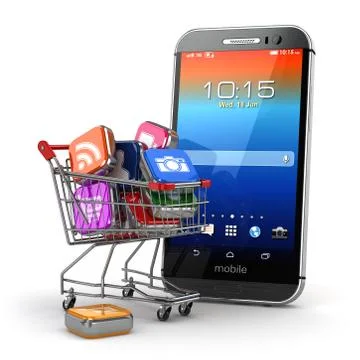 Mobile apps concept. Application software icons in shopping cart and smartpho Stock Illustration