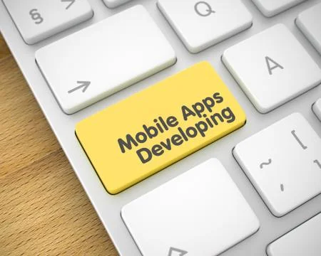 Mobile Apps Developing - Text on Yellow Keyboard Button. 3D. 스톡 일러스트