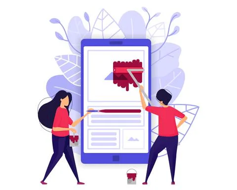 Mobile Apps Development. People Designing And Painting Smartphone Application Stock Illustration