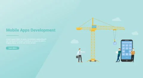 Mobile apps development technology with team developer and crane with modern  Stock Illustration