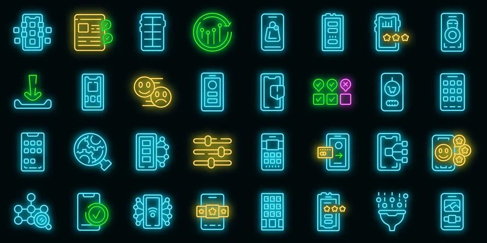 Mobile apps icons set vector neon Stock Illustration