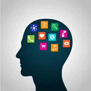 Mobile apps installed into the brain, replacing the mind, consciousness Stock Illustration