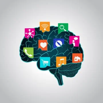 Mobile apps installed into the brain, replacing the mind, consciousness Ilustración de archivo