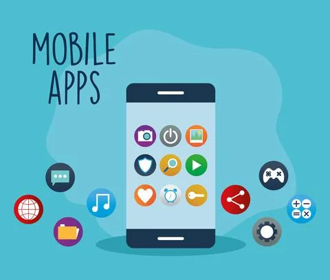 Mobile apps lettering in the side of a phone with a bundle of apps icons Illustrazione stock