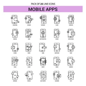 Mobile apps Line Icon Set - 25 Dashed Outline Style Illustrazione stock