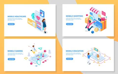 Mobile apps. Set of 4 isometric concepts. Stock Illustration