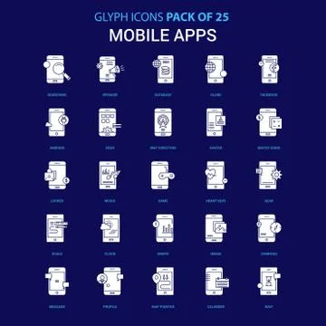 Mobile apps White icon over Blue background. 25 Icon Pack Illustrazione stock