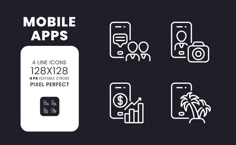 Mobile apps white linear desktop icons on black 库存插图
