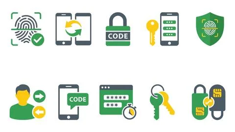 Mobile authentication and digital security icons fingerprint lock code and .. Stock Illustration