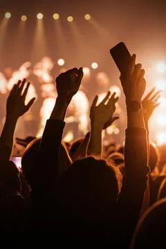 Mobile background vertical fans with raised hands and phone Stock Photos