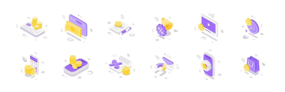 Mobile banking and e-commerce isometric vector illustration icon set. For onl Stock Illustration