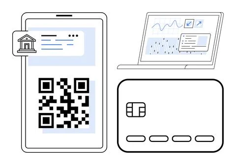 Mobile Banking and Payment Solutions with QR Code, Laptop, and Credit Card .. Stock Illustration