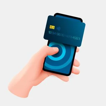 Mobile banking app and e-payment. Hand with smartphone and pay by credit card Stock Illustration