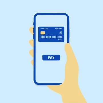 Mobile banking app and e-payment. Hand with smartphone and pay by credit card Stock Illustration