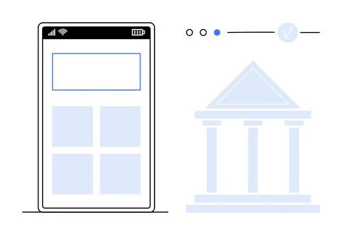Mobile banking app interface with bank building and status indicators Ilustración de archivo