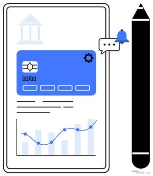 Mobile banking app interface displaying a credit card, bell notification, cha Stock Illustration