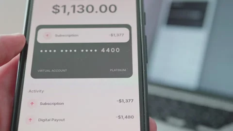 Mobile banking app screen showing blocked virtual card notification Stock-Footage 335518844