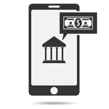 Mobile banking application icon on smartphone screen with bank building Stock Illustration