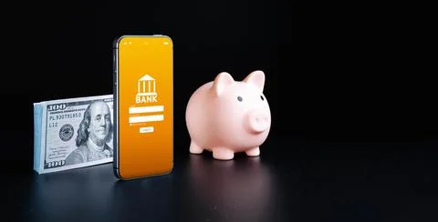 Mobile banking application. Mobile phone with internet online bank app. Hundr Stock Photos