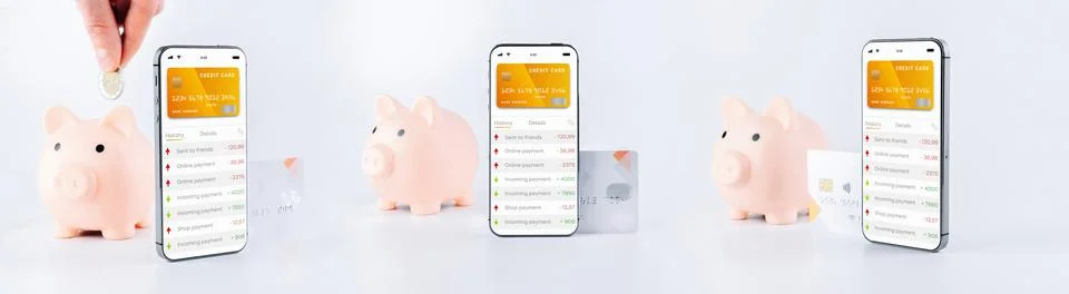 Mobile banking application set. Mobile phone with internet online bank app. P Stock Photos