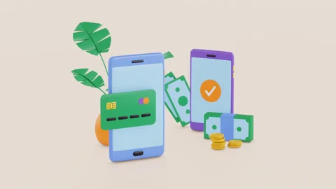 Mobile banking application, smartphone and credit card animation. 3d render Stock Footage 242595595