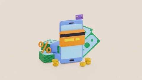 Mobile banking application, smartphone and credit cards animation. 3d render Stock Footage 243737592
