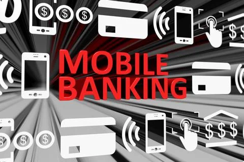 MOBILE BANKING concept blurred background 3d render illustration Stock Illustration
