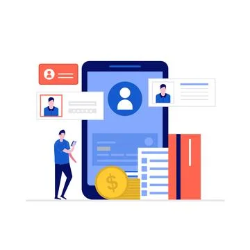 Mobile banking concept with characters, smartphone, credit card, coin. Mode.. Stock Illustration