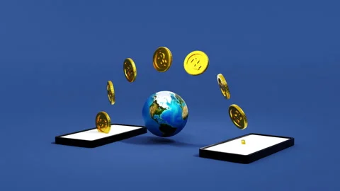 Mobile banking concept, coin moving from smartphone to other cellphone Видео 246256858