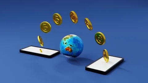 Mobile banking concept, coin moving from smartphone to other cellphone Видео 246256982
