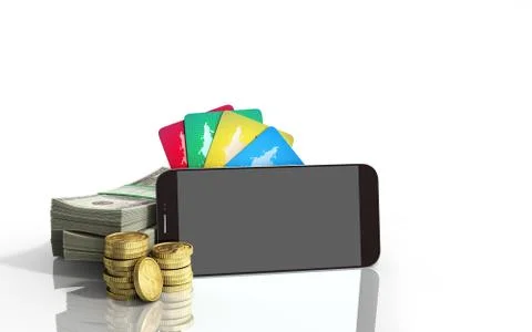 Mobile banking concept mobile phone with dollar stacks coins and credit cards Ilustración de archivo