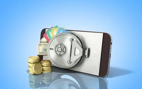 Mobile banking concept mobile phone with money dollar stacks coins and credit Ilustración de archivo