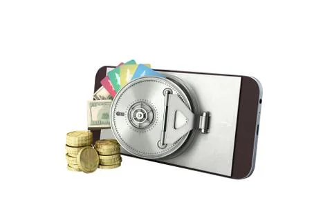 Mobile banking concept mobile phone with money dollar stacks coins and credit Ilustración de archivo