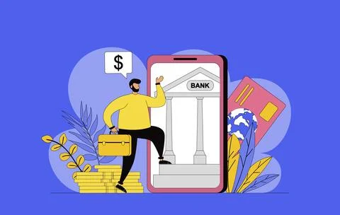 Mobile banking concept with modern flat design for web. Man using personal .. Stock Illustration