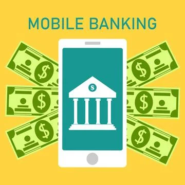 Mobile banking concept text banner with smartphone financial building Ilustración de archivo