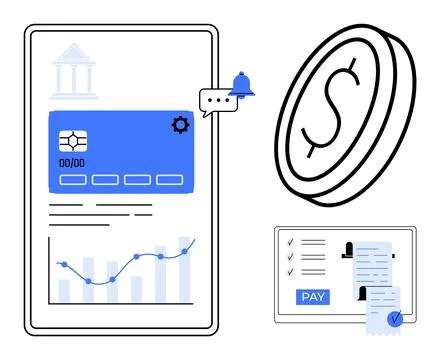 Mobile banking, digital transactions, fintech, finance tracking, online payme Stock Illustration