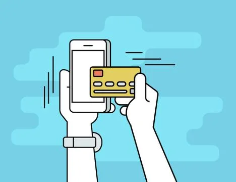 Mobile banking flat line contour illustration of human hand paying by credit Illustrazione stock