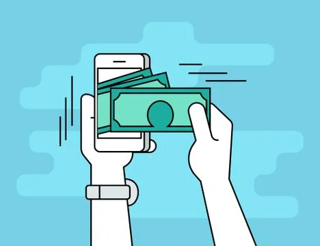 Mobile banking flat line contour illustration of human hand  withdraws cash Stock Illustration