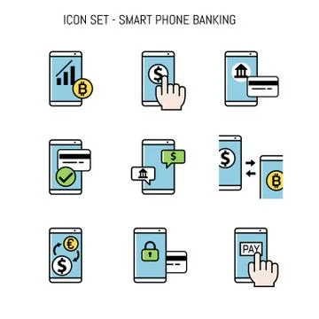 Mobile banking icon collection pack for design, Flat lay Illustrazione stock