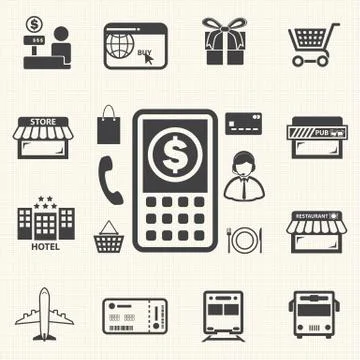 Mobile banking icons set. Pay by mobile. E-commerce. Stock Illustration