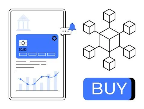 Mobile Banking Interface with Analytics, Blockchain Structure, and Buy Button Stock Illustration