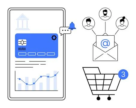 Mobile banking interface with card and graph, chat notification, email with u Stock Illustration
