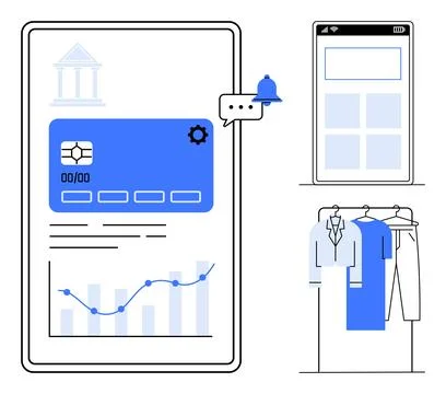 Mobile banking interface with credit card, notifications, and data charts nex Illustrazione stock