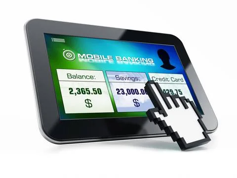 Mobile banking interface screen on tablet computer and hand cursor. 3D ill... Foto stock